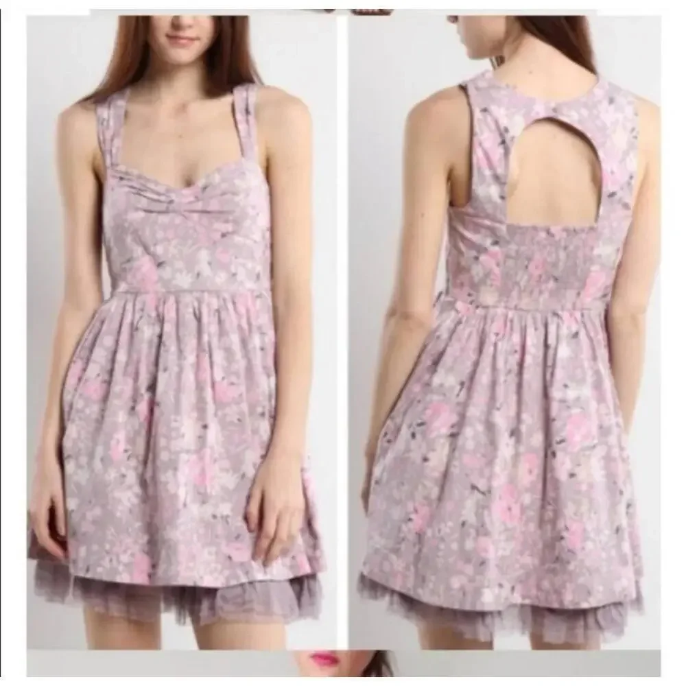 Free People Purple Floral Open Back Sundress Keyhole Tulle Hem Size 4